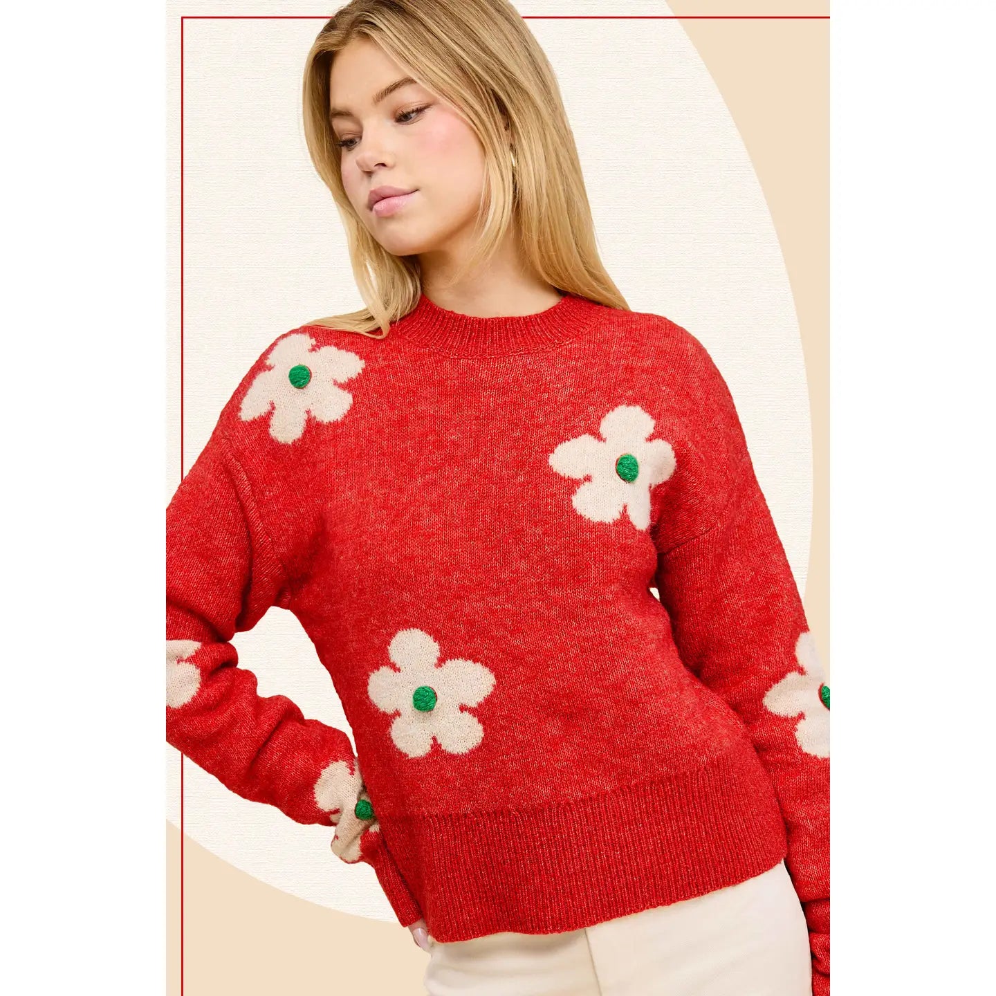 Red Soft Floral Pattern Long Sleeve Mock Neck Sweater