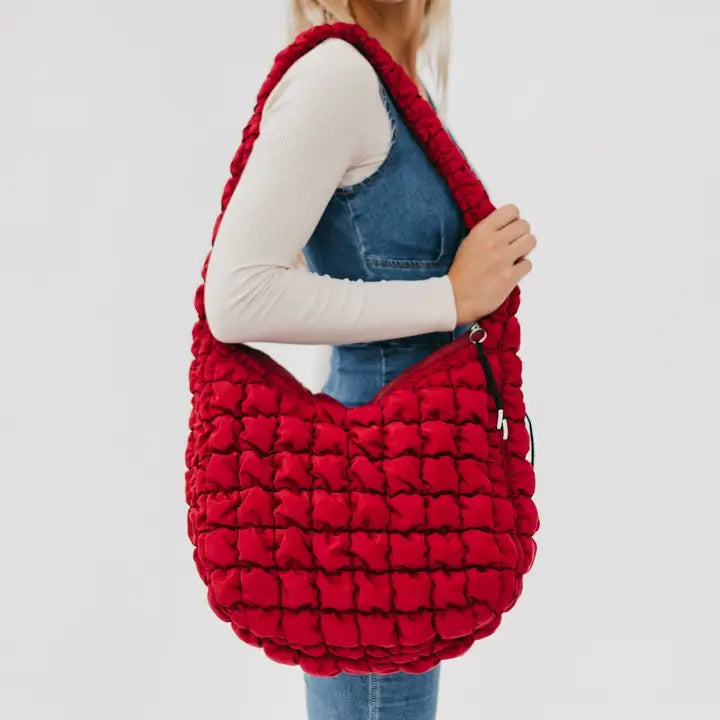 Carmen Quilted Hobo Tote Bag - Crimson Red