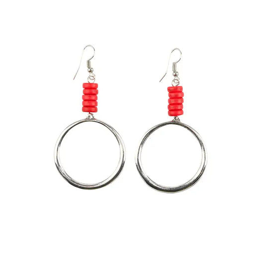 3" Silver Hoop Earring with Red Beaded Accent On Fishhook