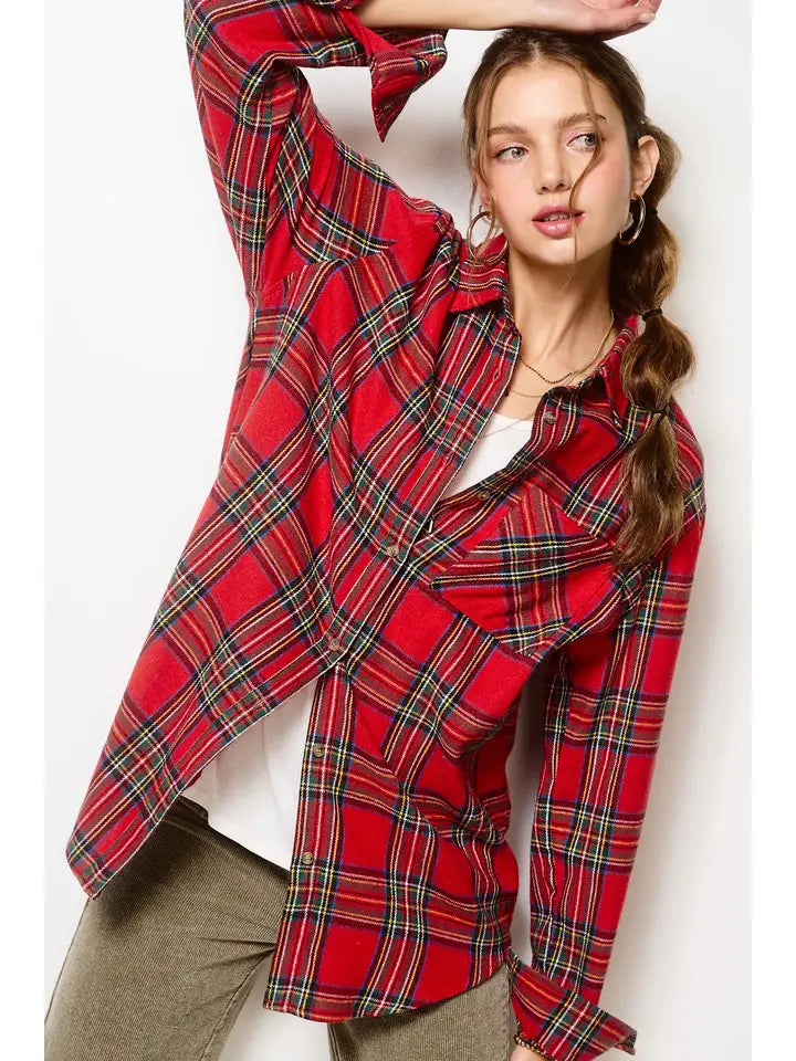 PREORDER! Red Loose Fit Button Down Soft Fabric Plaid Shirts