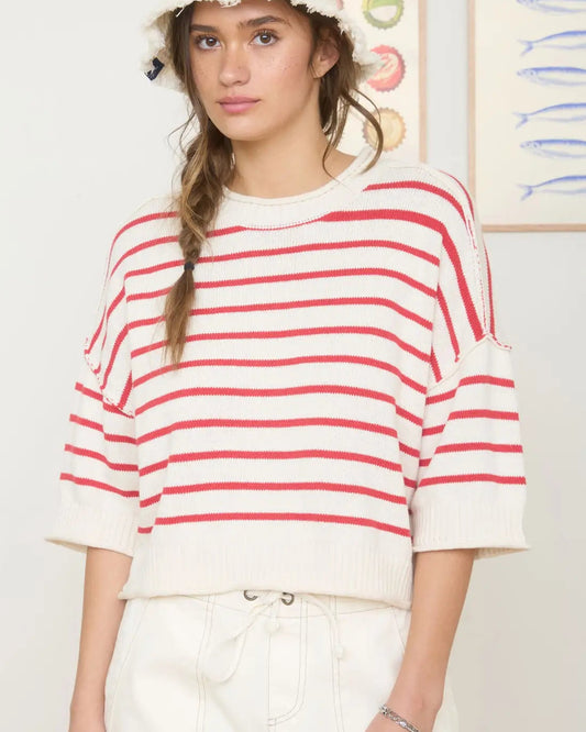 Red Stripe Raw Edge Drop Shoulder Short Sleeve Sweater