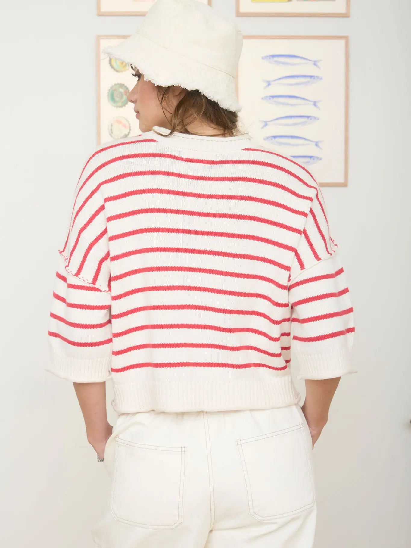 Red Stripe Raw Edge Drop Shoulder Short Sleeve Sweater