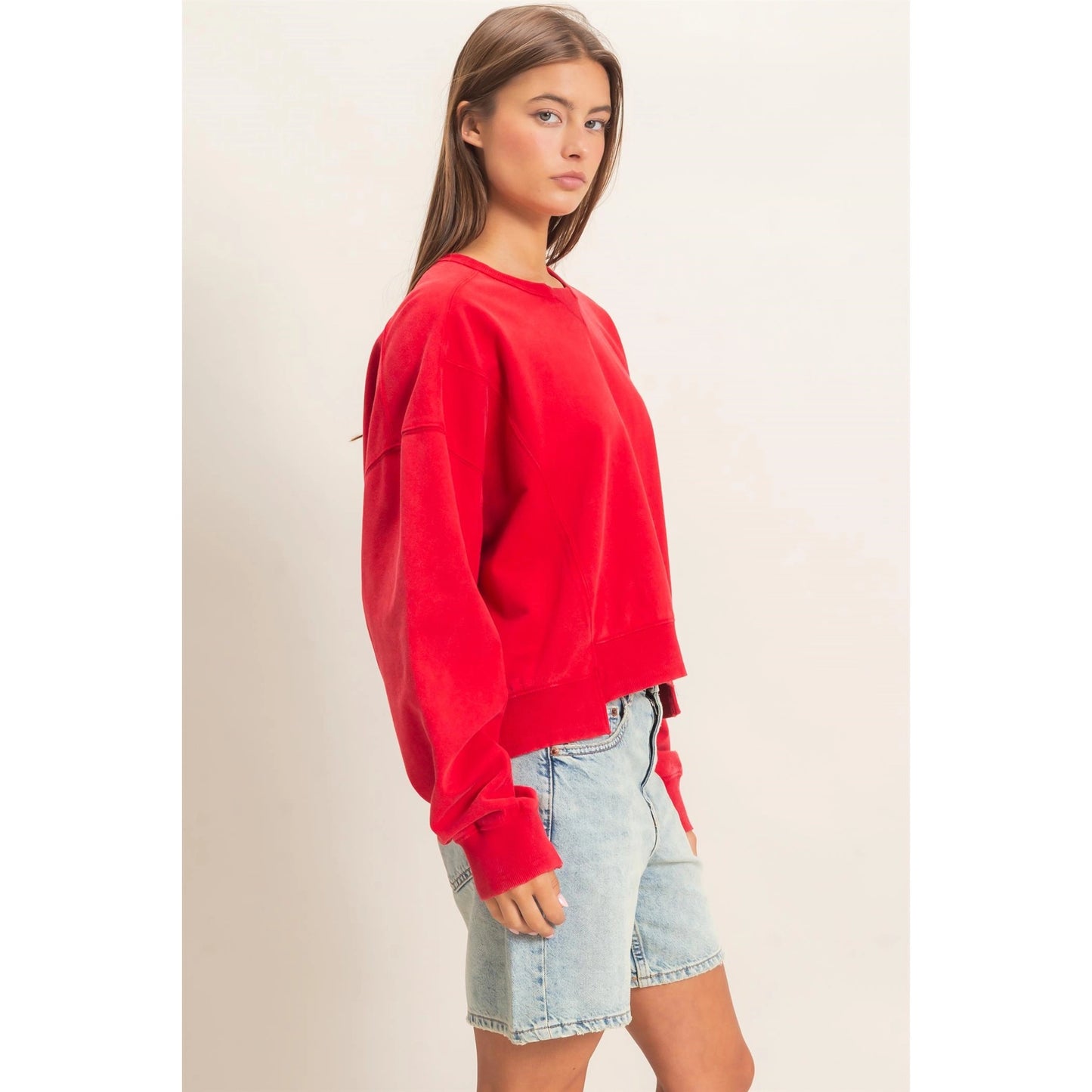 Red Acid Wash Seam Detail Crew Neck Sweatshirt