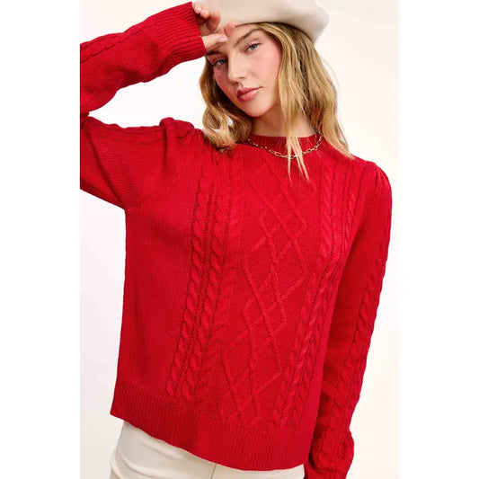 Red Super Soft Ribbed Crew Neck Cable Knit Sweater