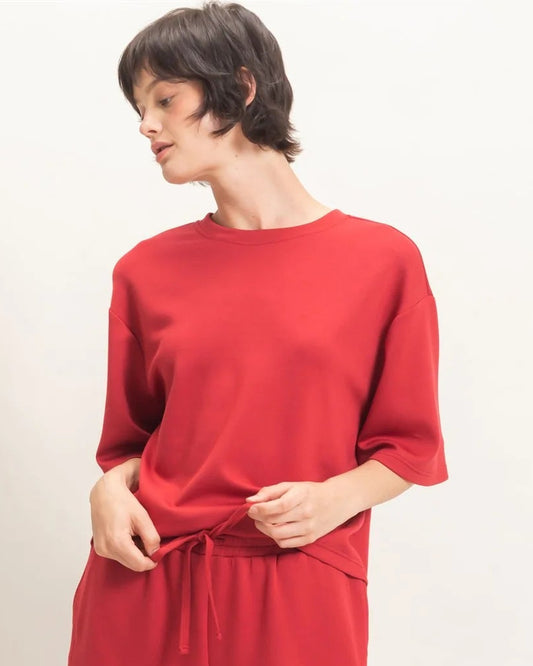 Dark Red Loose Fit Crew Neck Short Sleeve Top