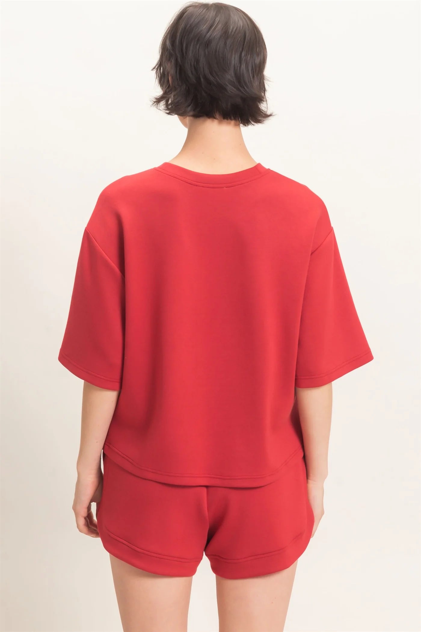 Dark Red Loose Fit Crew Neck Short Sleeve Top