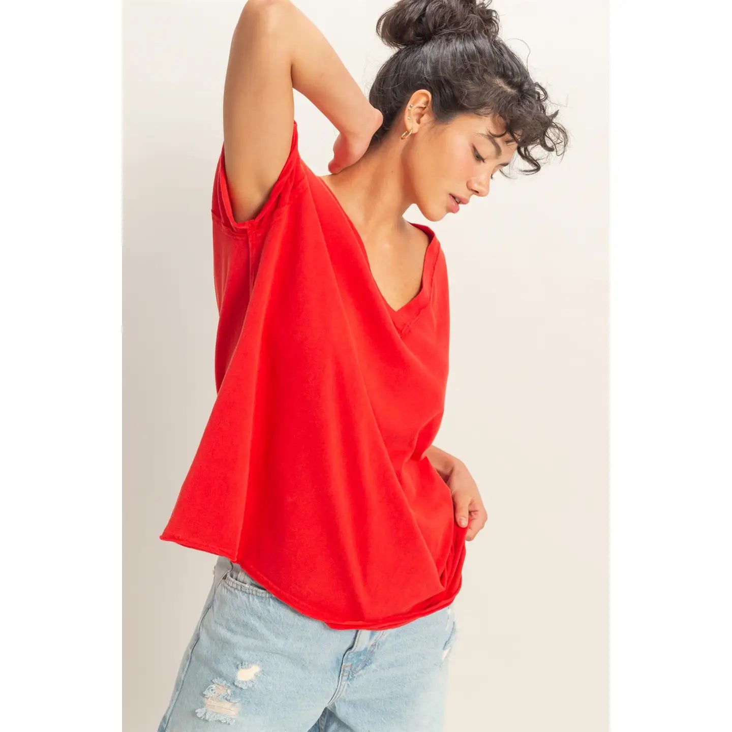 Red Washed V-Neck Oversized Tee