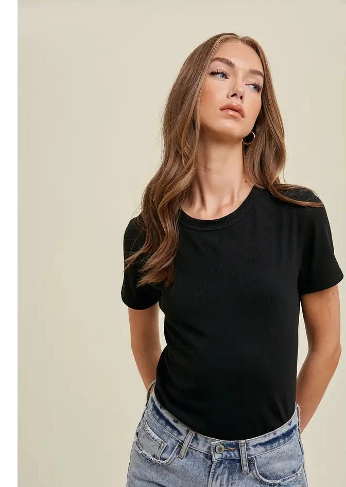 Black Ribbed Knit Basic T-Shirt