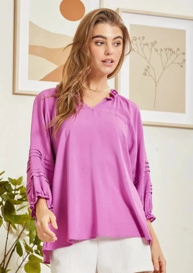 Orchid Easy Solid Top Featuring Ruffle Neck Detail