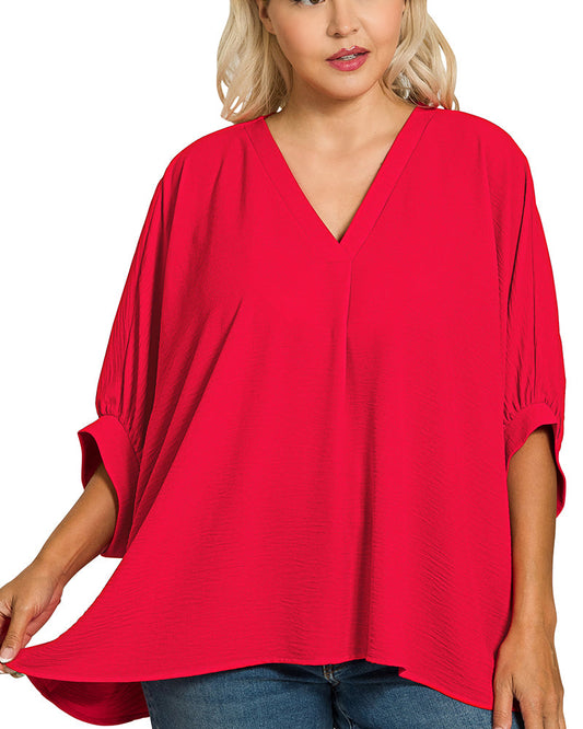 Ruby Red Woven V Neck Half Sleeve Top - Plus