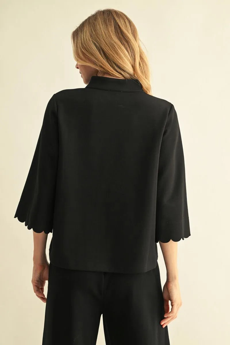 Black 3/4 sleeve top with scallop edge