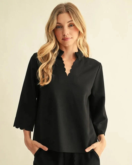 Black 3/4 sleeve top with scallop edge