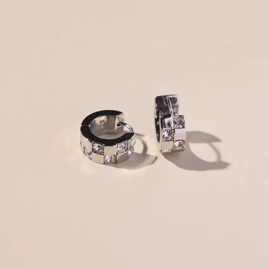 Silver Pavé Checkered Huggies - Nickel & Suede