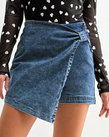 Acid Wash Twisted Wrapped Denim Skort