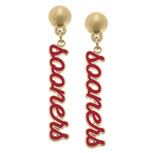 Oklahoma Sooners Enamel Script Earrings in Crimson