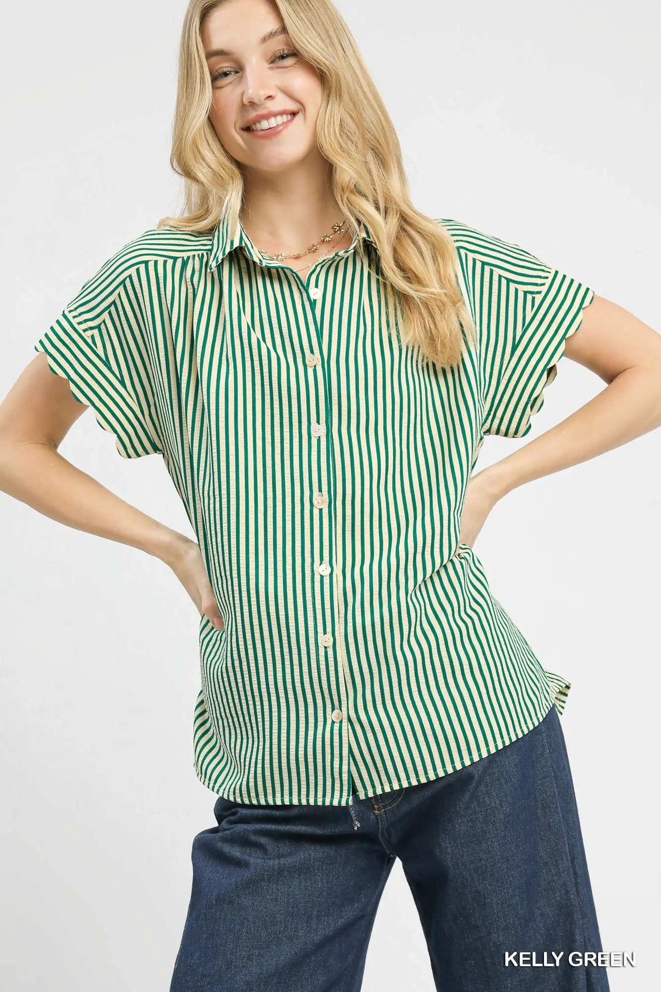 Green Stripe Scallop Sleeve Top
