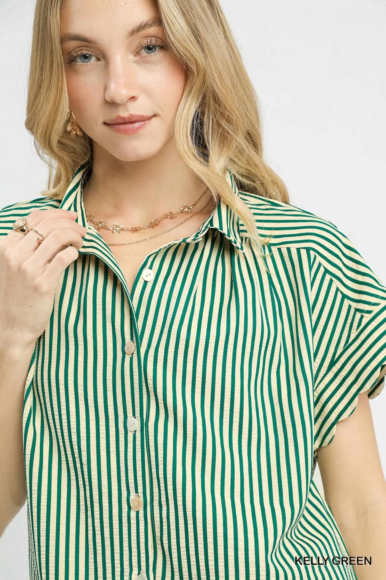 Green Stripe Scallop Sleeve Top
