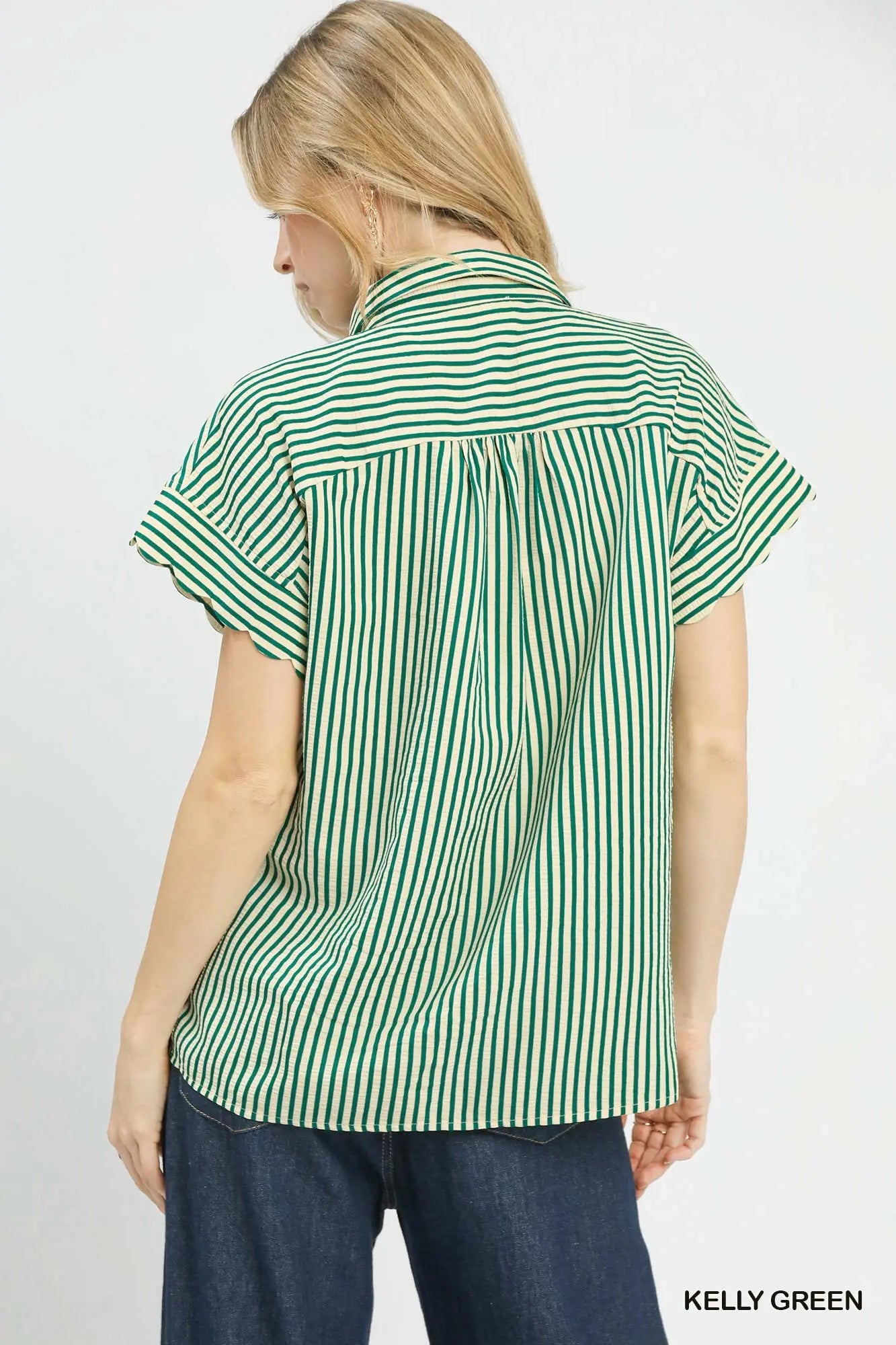 Green Stripe Scallop Sleeve Top