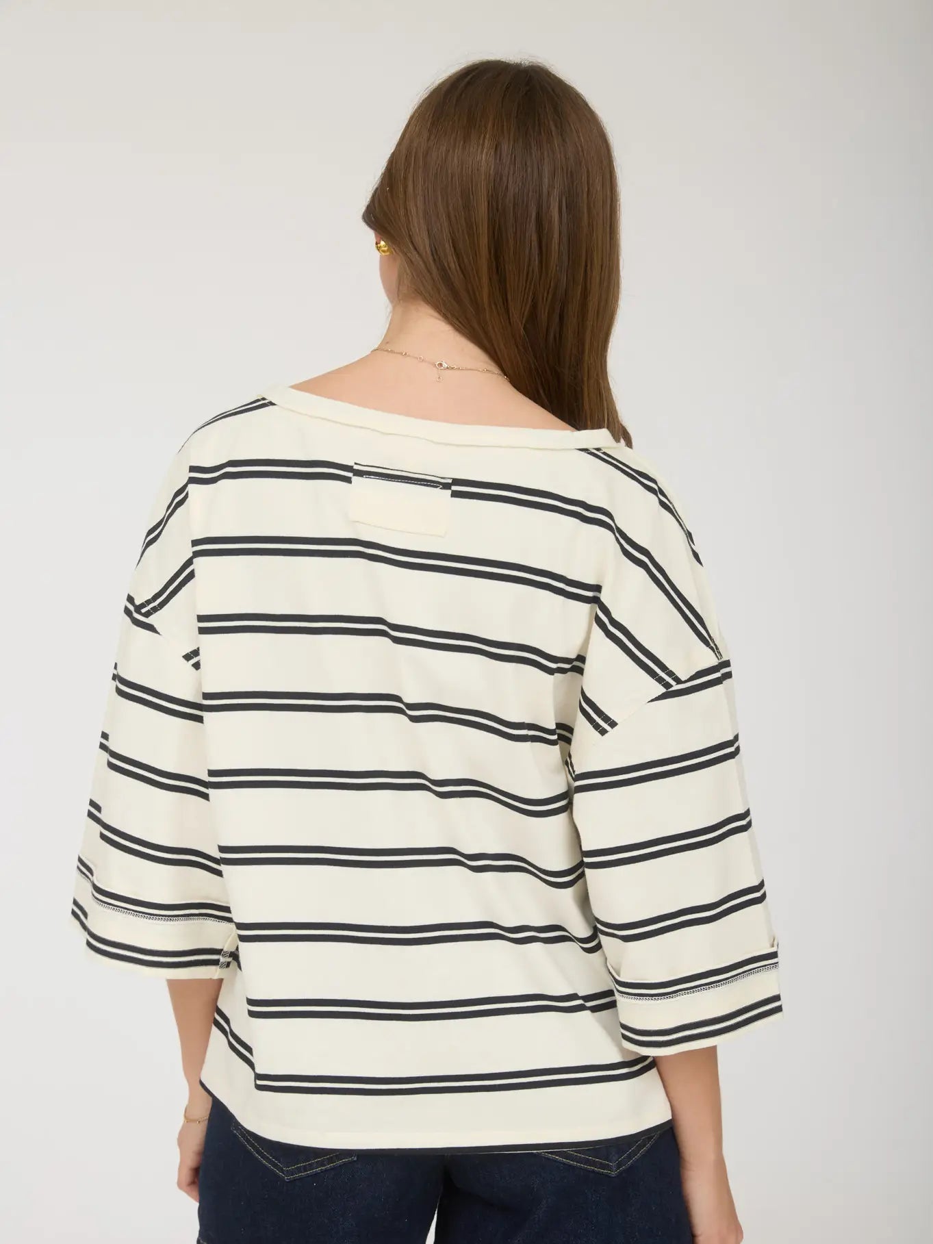 Black Stripe Raw Edge Cuff Sleeve Oversized Knit Top