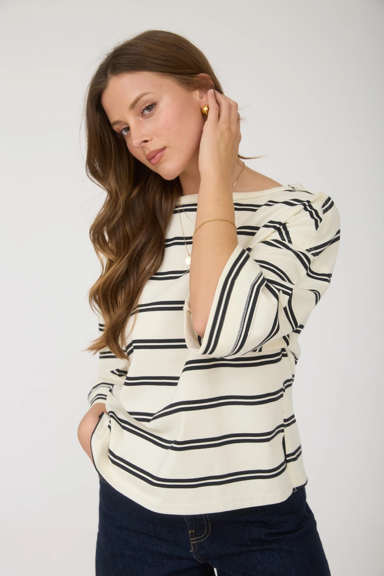 Black Stripe Raw Edge Cuff Sleeve Oversized Knit Top