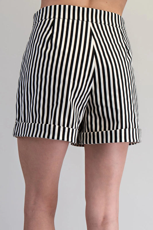 Black and White Striped Rolled Cuff Shorts