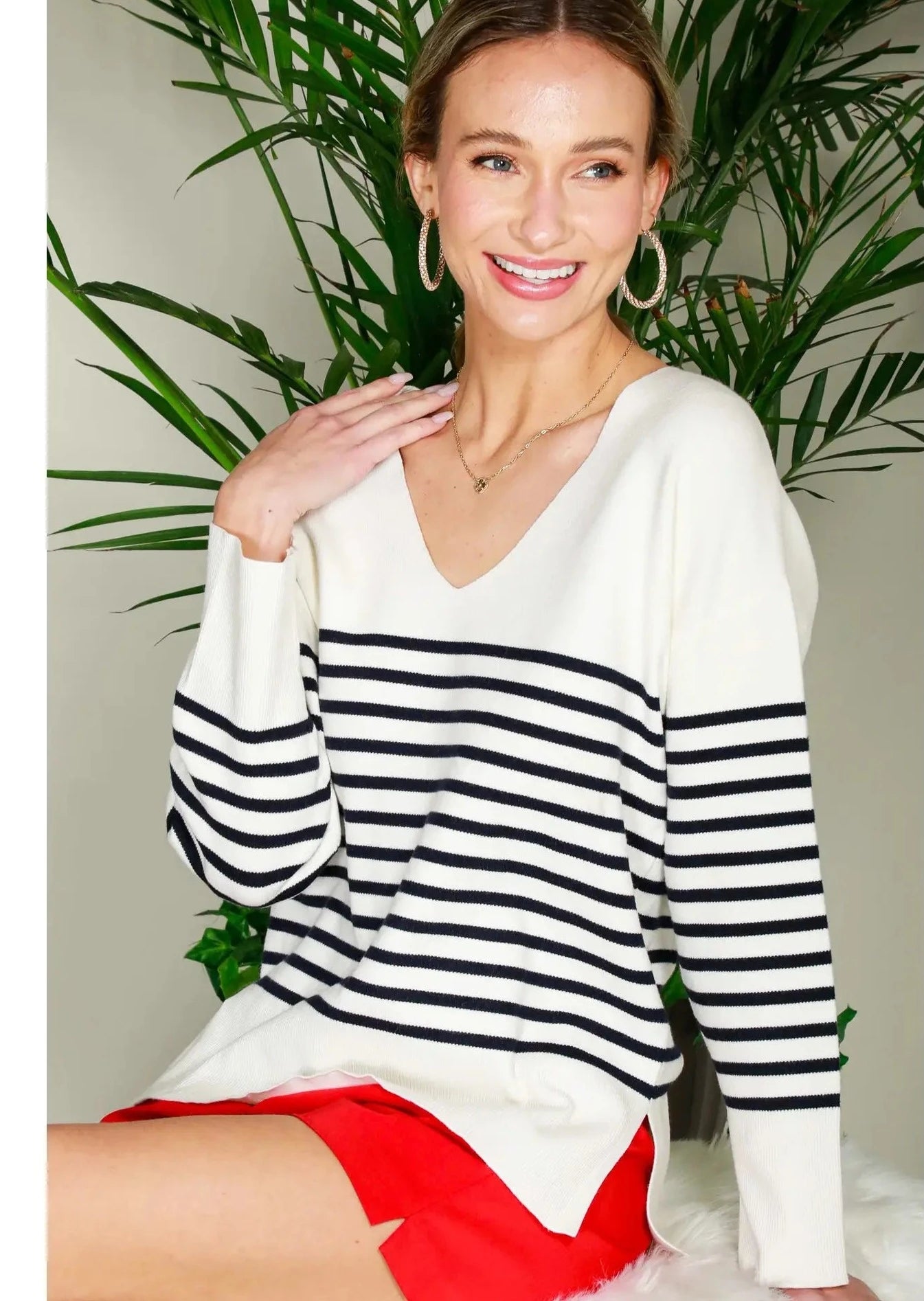 V-Neck Long-Sleeve Striped Knit Sweater Top