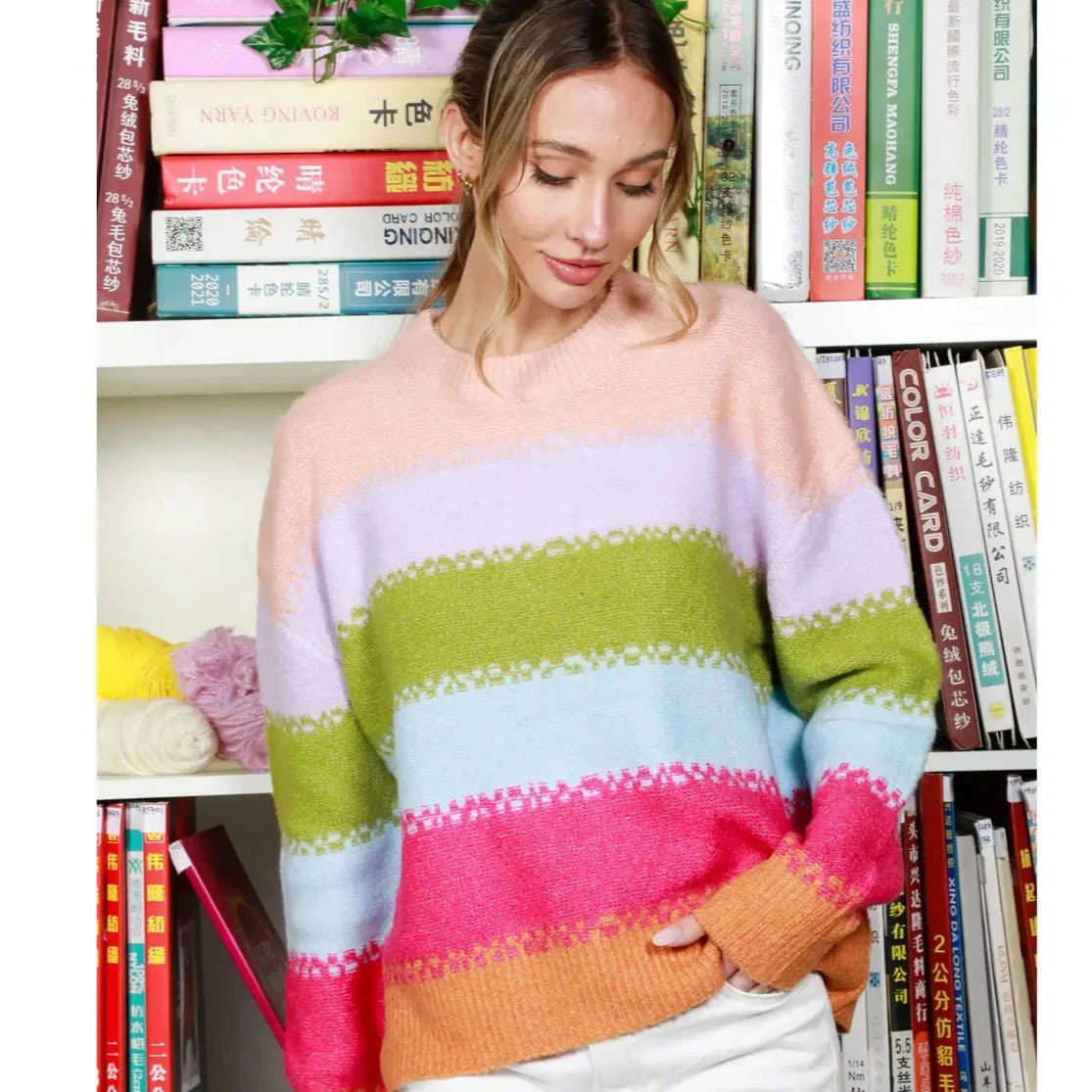 Crew Neck Multi Stripe Color-Block Knitted Sweater