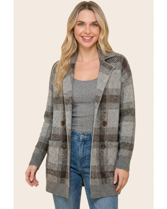 Charcoal Tailor Collar Plaid Heavy Sweater Cardigan