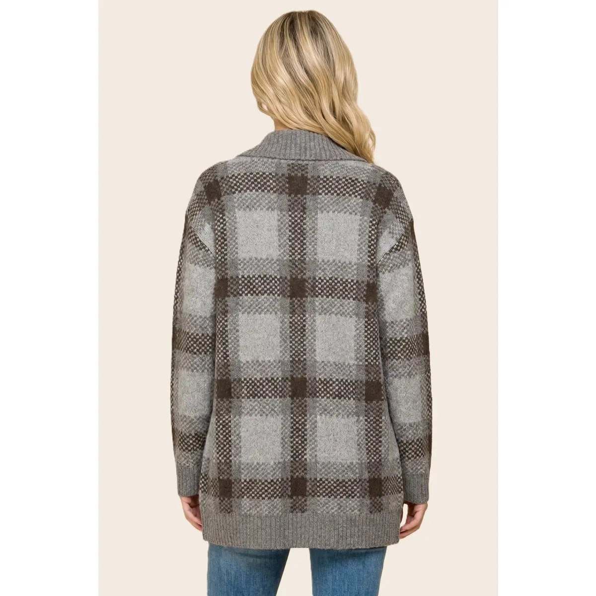 Charcoal Tailor Collar Plaid Heavy Sweater Cardigan