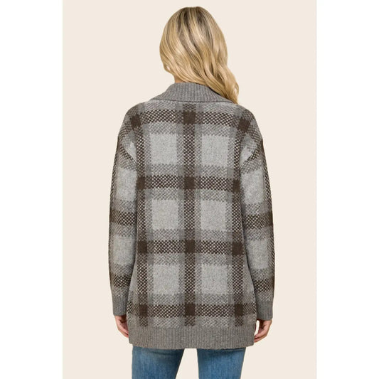 Charcoal Tailor Collar Plaid Heavy Sweater Cardigan