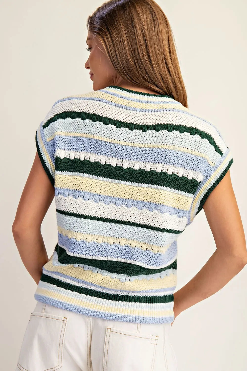 Striped Round Neck Cap Sleeve Sweater