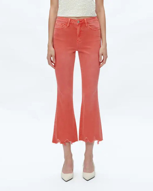 Tangerine Mid Rise Cropped Flare Twill Pants with Frayed Hem