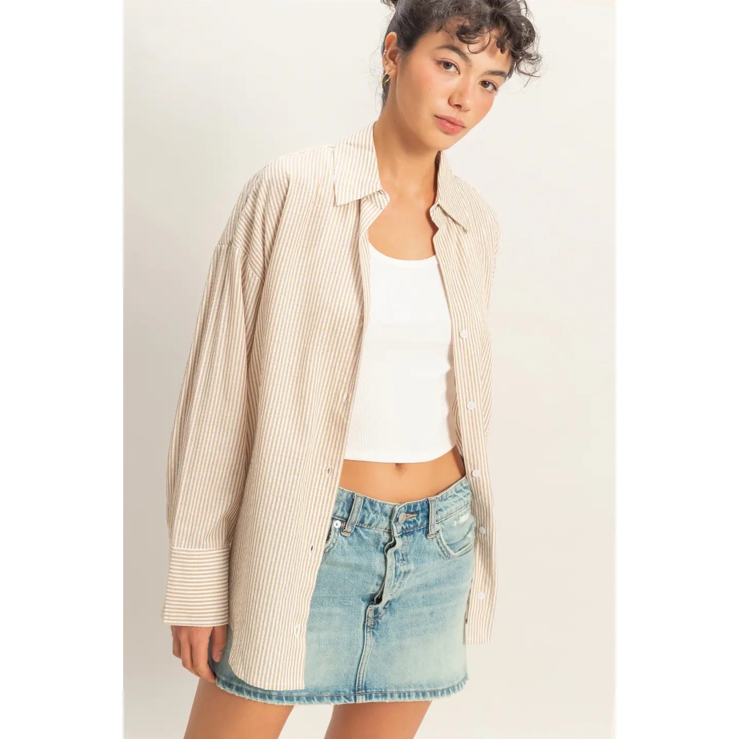 Taupe Striped Button-Up Shirt