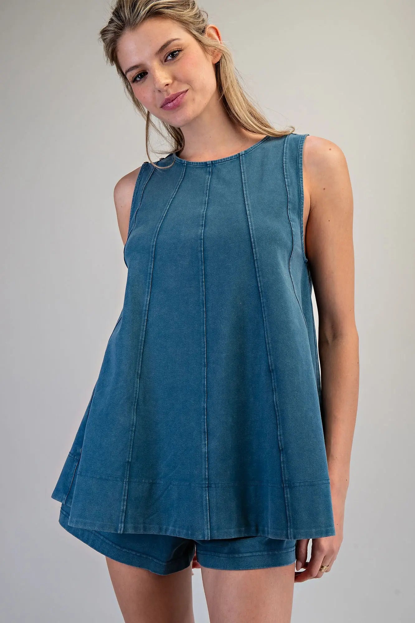 Teal Contrast TopStitch Sleeveless Swing Top