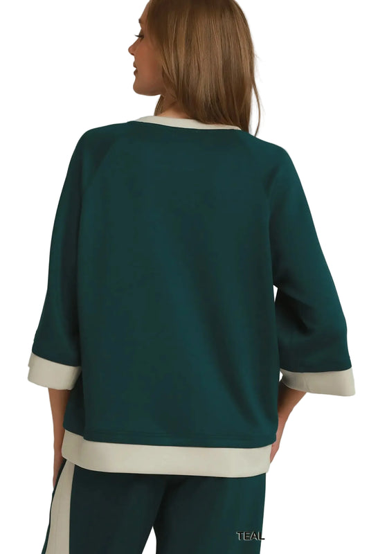 Teal Color-block Crewneck Raglan Sleeve Top