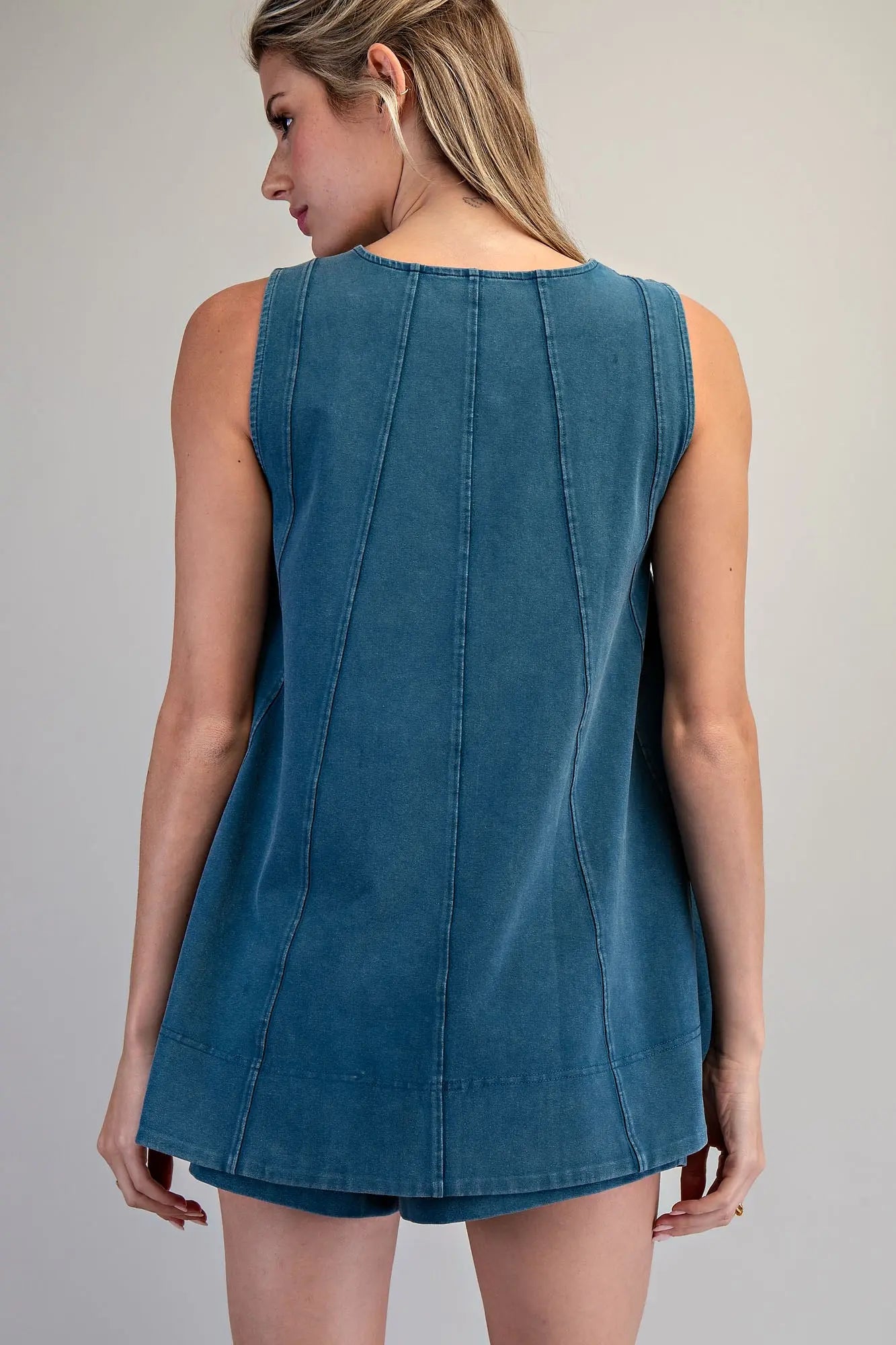 Teal Contrast TopStitch Sleeveless Swing Top