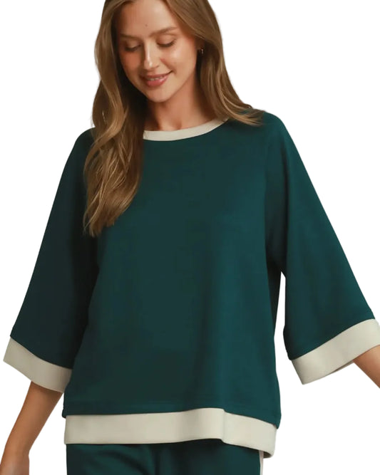 Teal Color-block Crewneck Raglan Sleeve Top