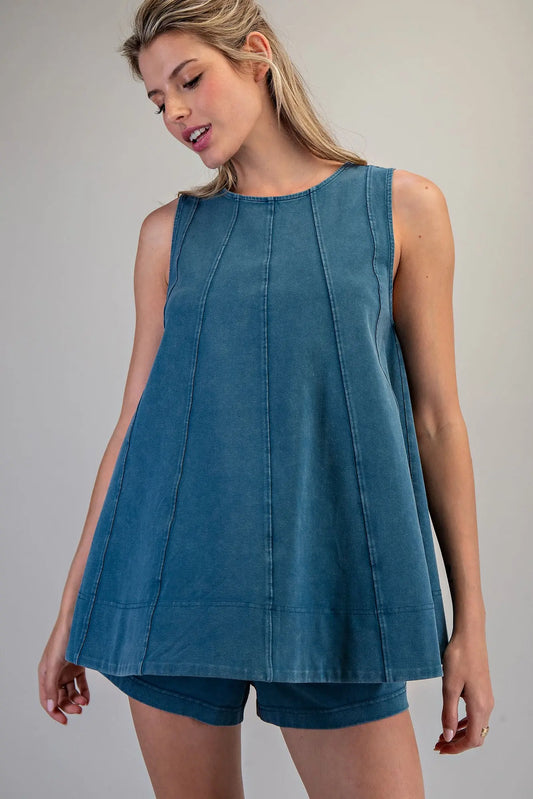 Teal Contrast TopStitch Sleeveless Swing Top