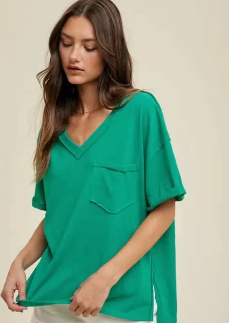 Turquoise Oversized Cotton Knit Top with Raw Edge Detail