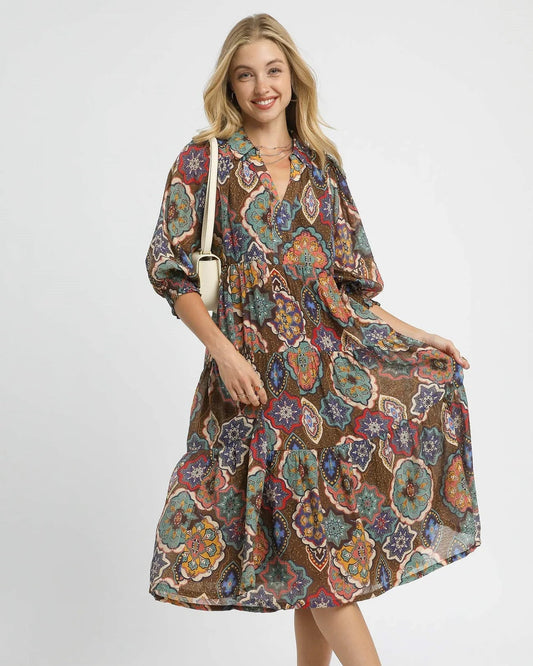 Brown Mix Midi Dress