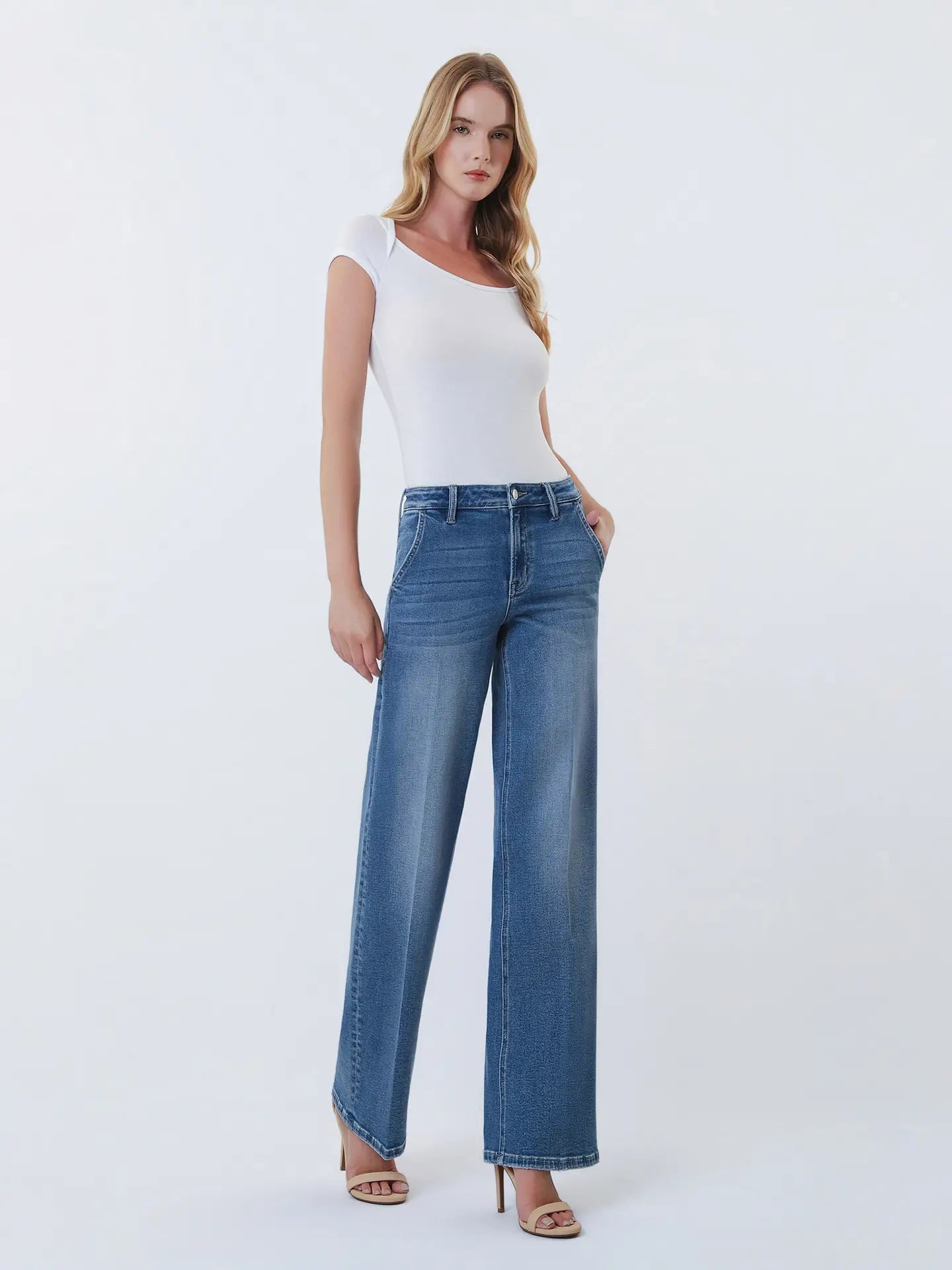 Lovervet High Rise Trouser Fold Crease Line Wide Leg Jeans