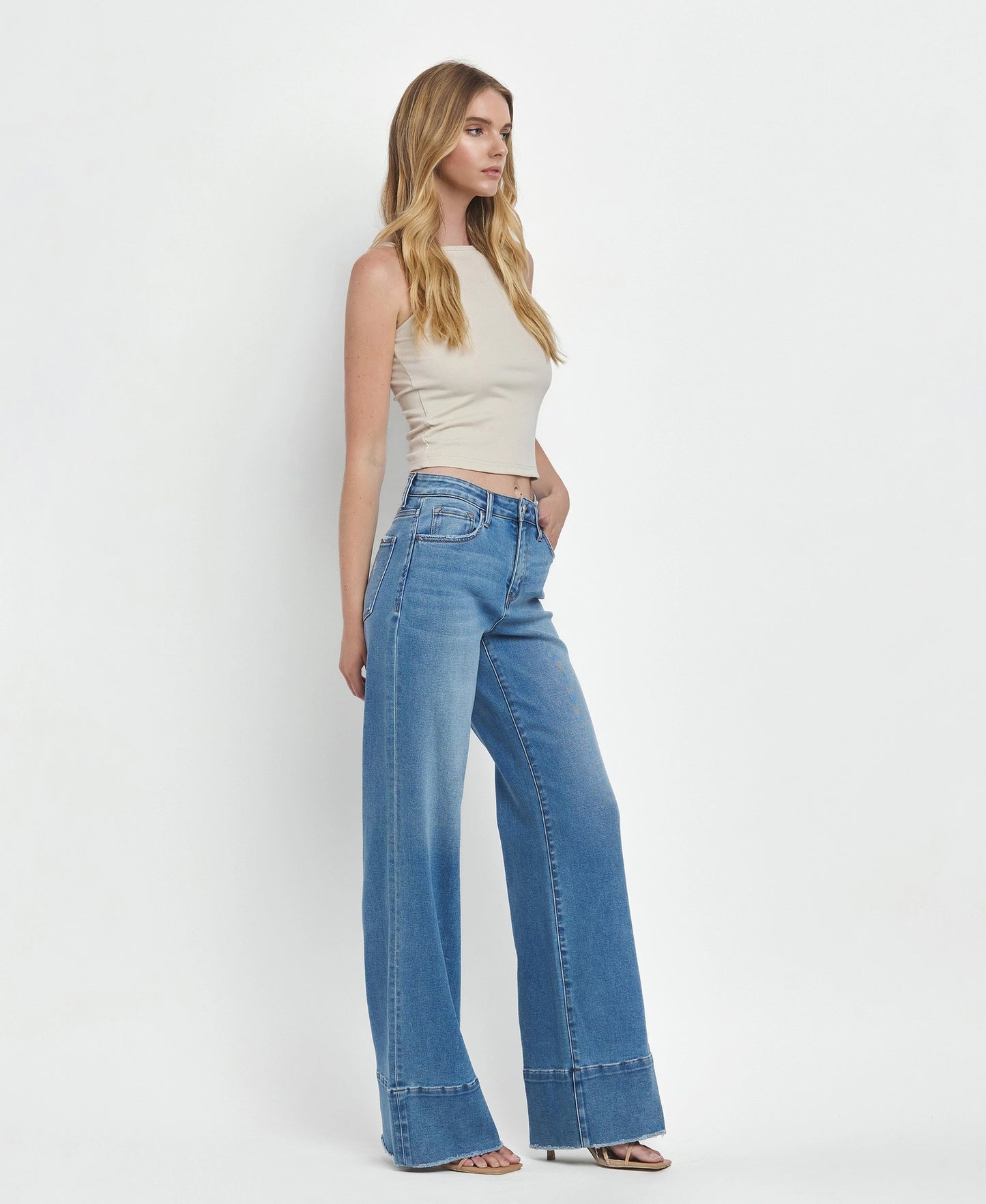 Vervet “Olivia”  High Rise Raw Hem Wide A Line Jeans