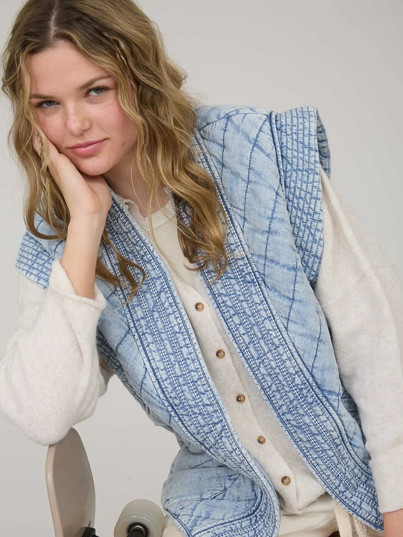 Washed Denim Quilted Shawl Vest