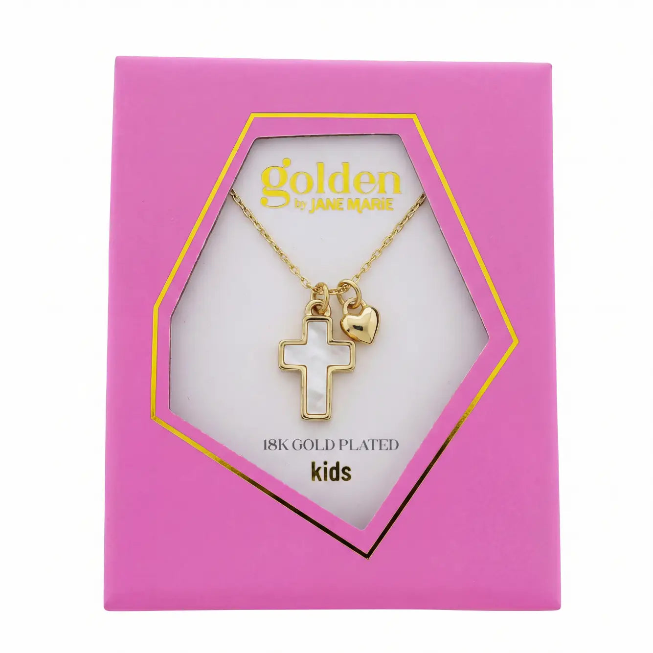 Kids Gold Cable Chain Ncklc w/ Shell Cross & Gold Heart