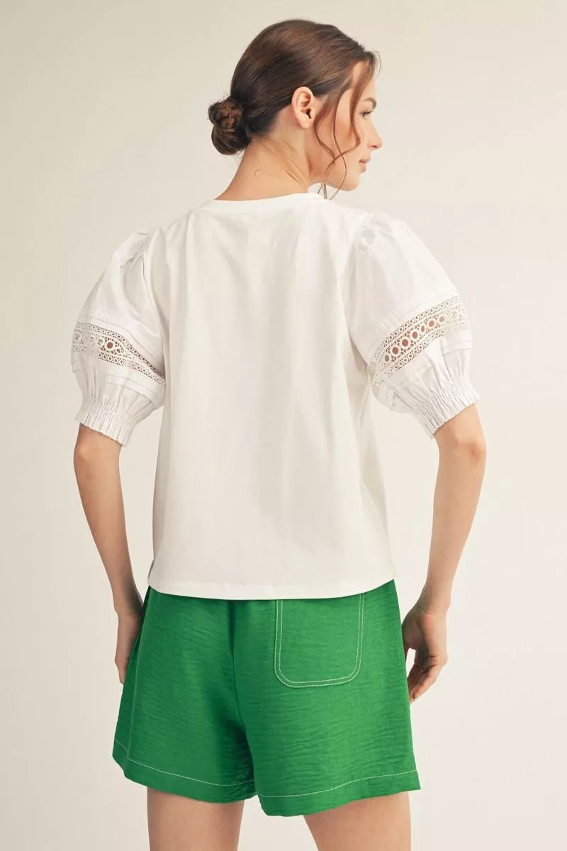 White short sleeve lace contrast top