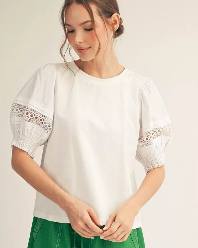 White short sleeve lace contrast top