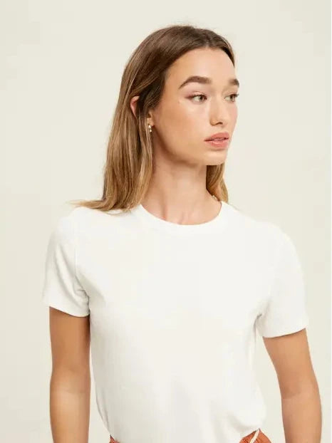 White Ribbed Knit Basic T-Shirt