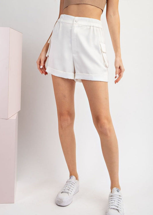 White Satin Cargo Shorts