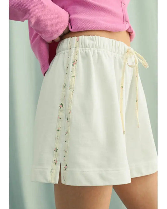 White Floral Side Floral Stripe Shorts