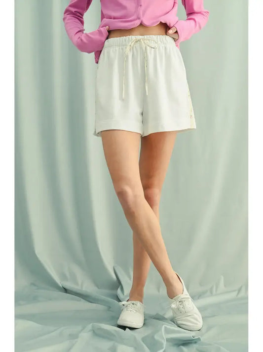 White Floral Side Floral Stripe Shorts